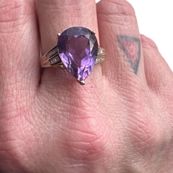 Estate Real Amethyst & Diamond 10k Yellow Gold Ring Size 8 Signed Women’s - Picture 2 of 13